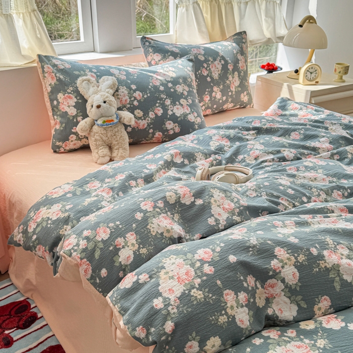 91家纺网 家纺一手货源 找家纺 艾特你 2025新款云感针织双层纱四件套 花簇