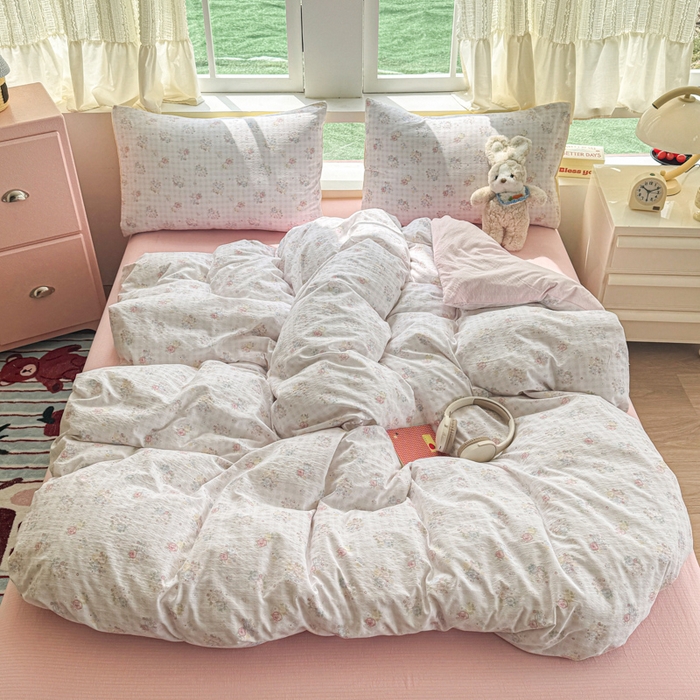 91家纺网 家纺一手货源 找家纺 艾特你 2025新款云感针织双层纱四件套 花漾甜心