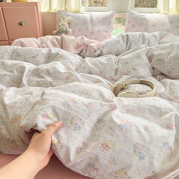 91家纺网 家纺一手货源 找家纺 艾特你 2025新款云感针织双层纱四件套 花漾甜心