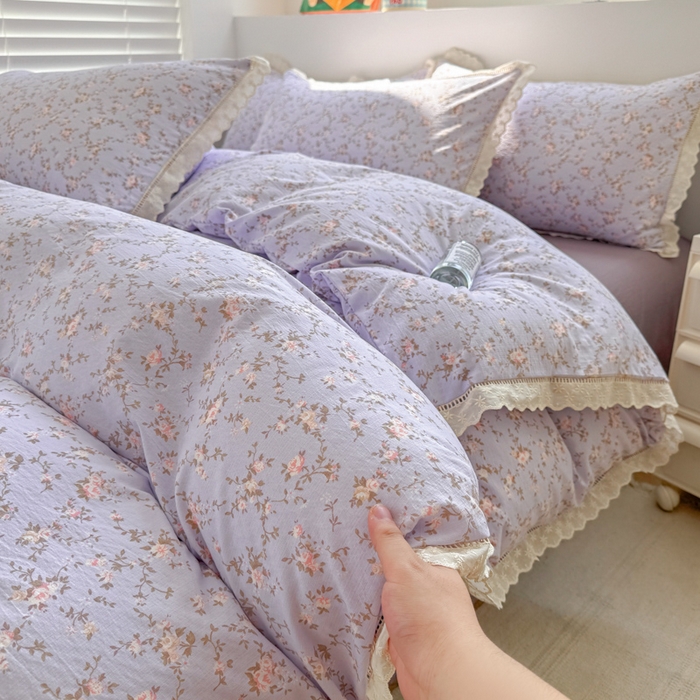 91家纺网 家纺一手货源 找家纺 艾特你 2025新款直播新款云感双层纱镂空花边四件套 花边款-花漫