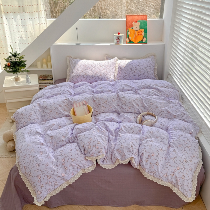 91家纺网 家纺一手货源 找家纺 艾特你 2025新款直播新款云感双层纱镂空花边四件套 花边款-花漫