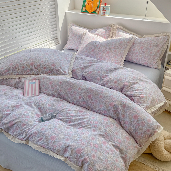 91家纺网 家纺一手货源 找家纺 艾特你 2025新款直播新款云感双层纱镂空花边四件套 花边款-蓝萱