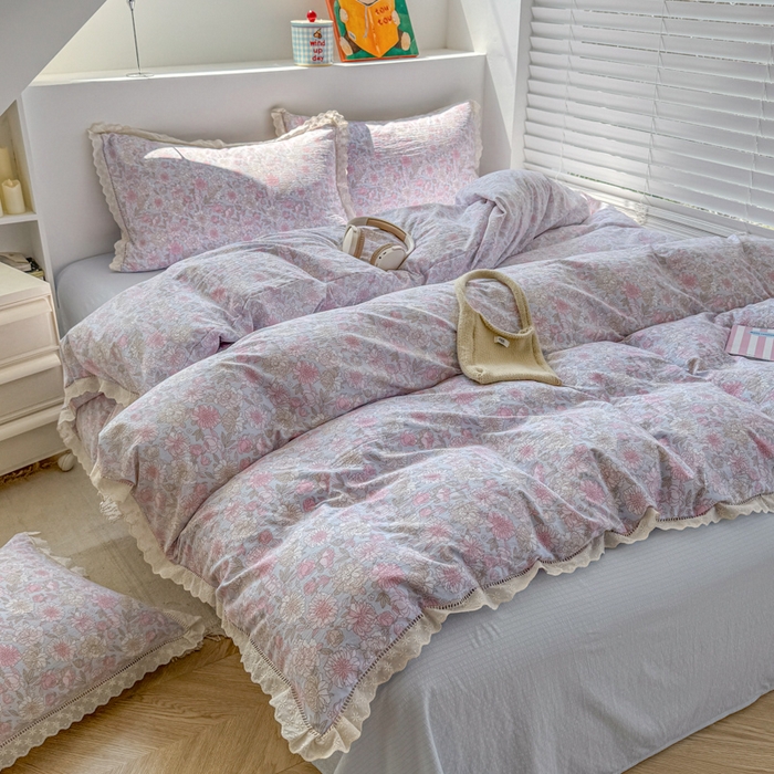 91家纺网 家纺一手货源 找家纺 艾特你 2025新款直播新款云感双层纱镂空花边四件套 花边款-蓝萱