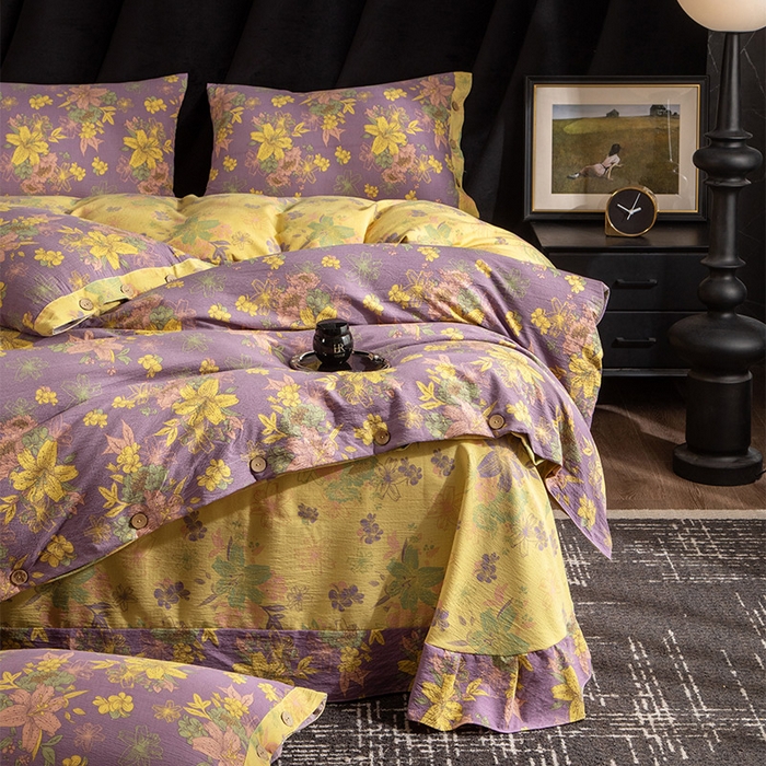 91家纺网 家纺一手货源 找家纺 库里梦家纺 2025新款A类复古提花双层纱四件套 花畔