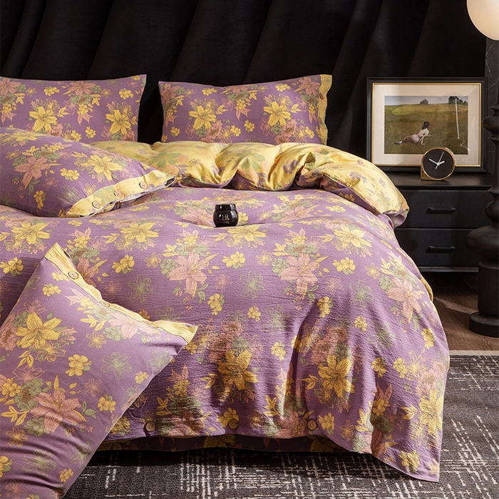 91家纺网 家纺一手货源 找家纺 库里梦家纺 2025新款A类复古提花双层纱四件套 花畔