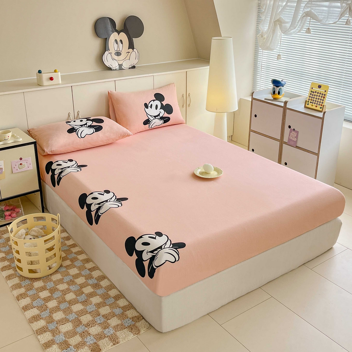 91家纺网 家纺一手货源 找家纺 玉元坊 2025年5月新品 大版卡通全棉纯棉床单床笠加厚四件套 蓝心米奇