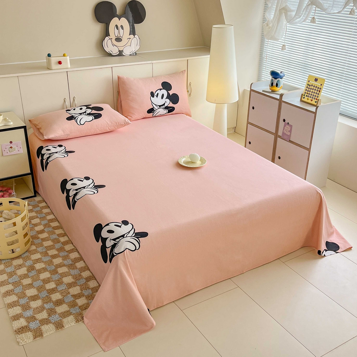 91家纺网 家纺一手货源 找家纺 玉元坊 2025年5月新品 大版卡通全棉纯棉床单床笠加厚四件套 蓝心米奇