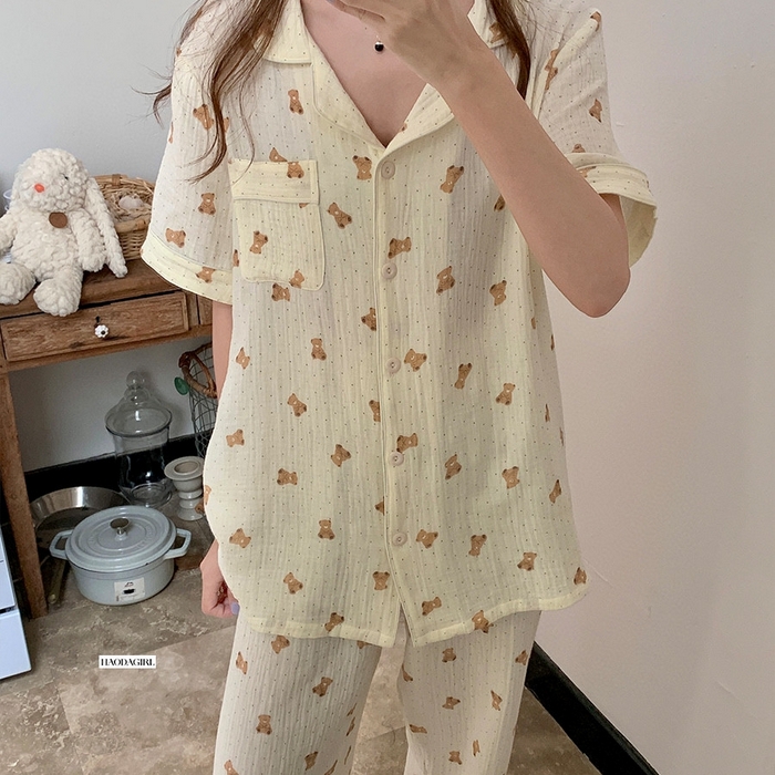 91家纺网 家纺一手货源 找家纺 （总）妍景家居生活馆 2025新款卡通翻领皱皱纱短袖长裤