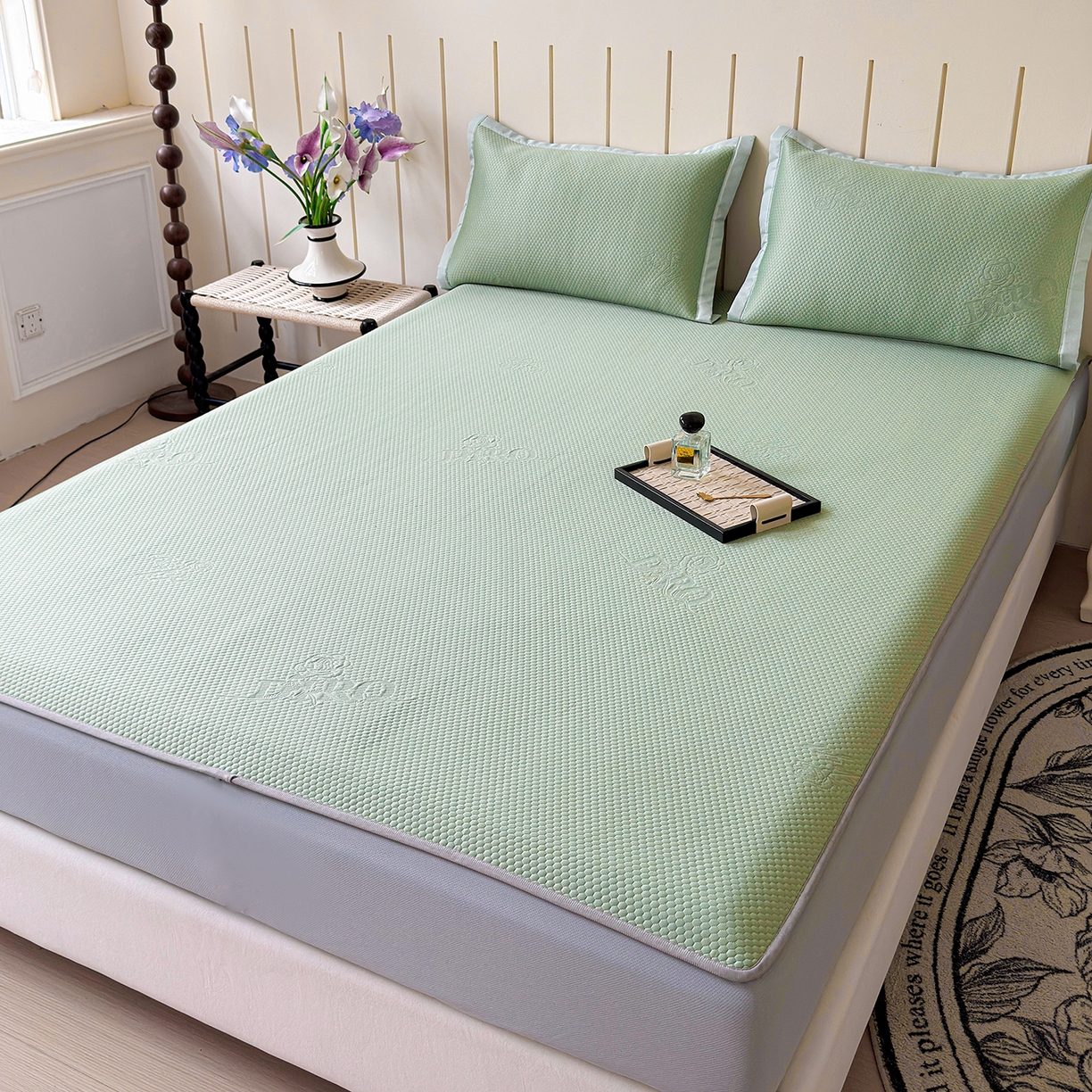 91家纺网 家纺一手货源 找家纺 瑞兴纺 2025新款复合加厚高克重凉感席床笠款 玫瑰之恋-绿