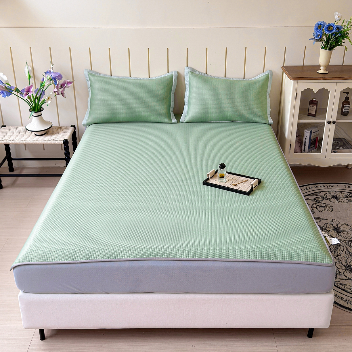 91家纺网 家纺一手货源 找家纺 瑞兴纺 2025新款复合加厚高克重凉感席床笠款 华夫格-绿