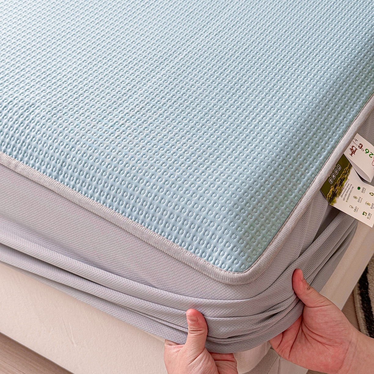 91家纺网 家纺一手货源 找家纺 瑞兴纺 2025新款复合加厚高克重凉感席床笠款 华夫格-蓝