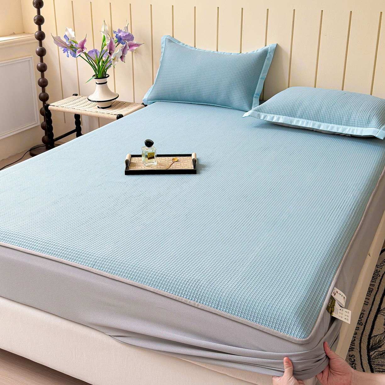 91家纺网 家纺一手货源 找家纺 瑞兴纺 2025新款复合加厚高克重凉感席床笠款 华夫格-蓝