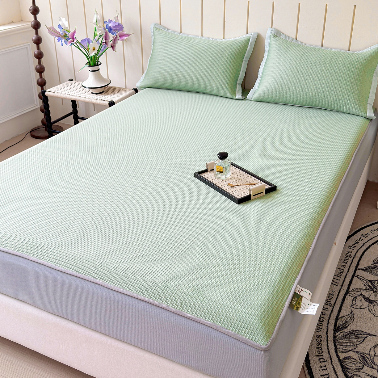 91家纺网 家纺一手货源 找家纺 瑞兴纺 2025新款复合加厚高克重凉感席床笠款 华夫格-绿