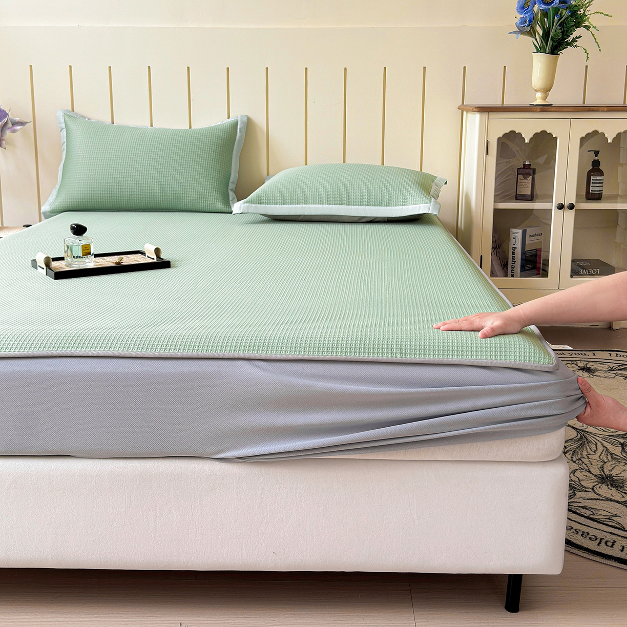 91家纺网 家纺一手货源 找家纺 瑞兴纺 2025新款复合加厚高克重凉感席床笠款 华夫格-绿