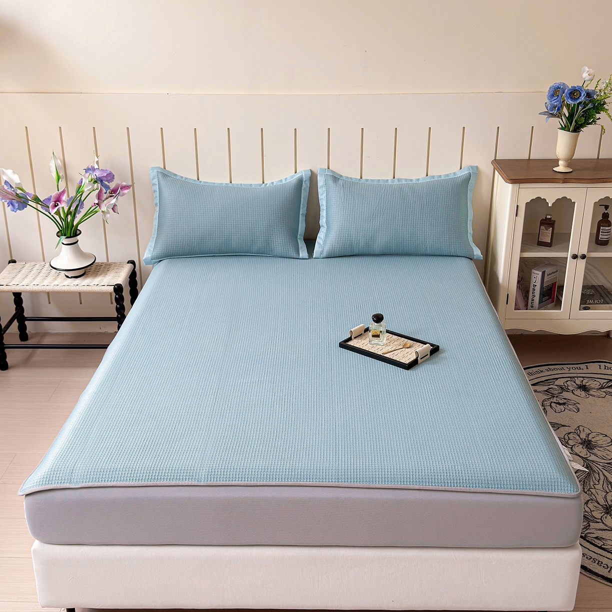 91家纺网 家纺一手货源 找家纺 瑞兴纺 2025新款复合加厚高克重凉感席床笠款 华夫格-蓝