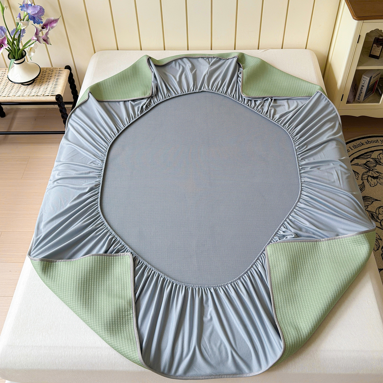 91家纺网 家纺一手货源 找家纺 瑞兴纺 2025新款复合加厚高克重凉感席床笠款 华夫格-绿