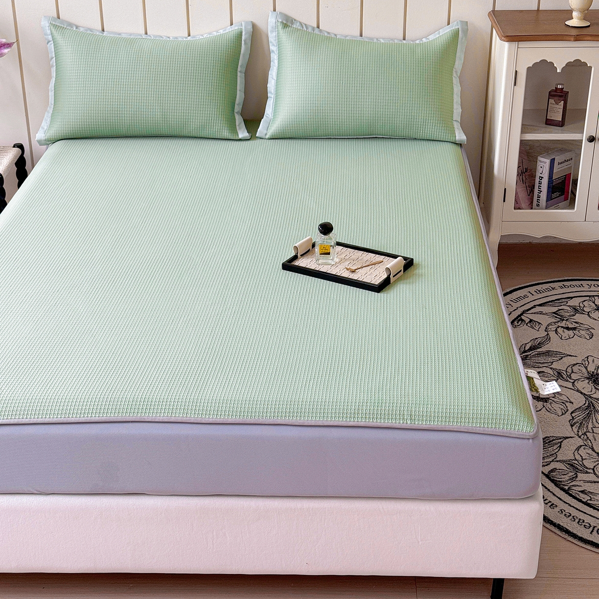 91家纺网 家纺一手货源 找家纺 瑞兴纺 2025新款复合加厚高克重凉感席床笠款 华夫格-绿