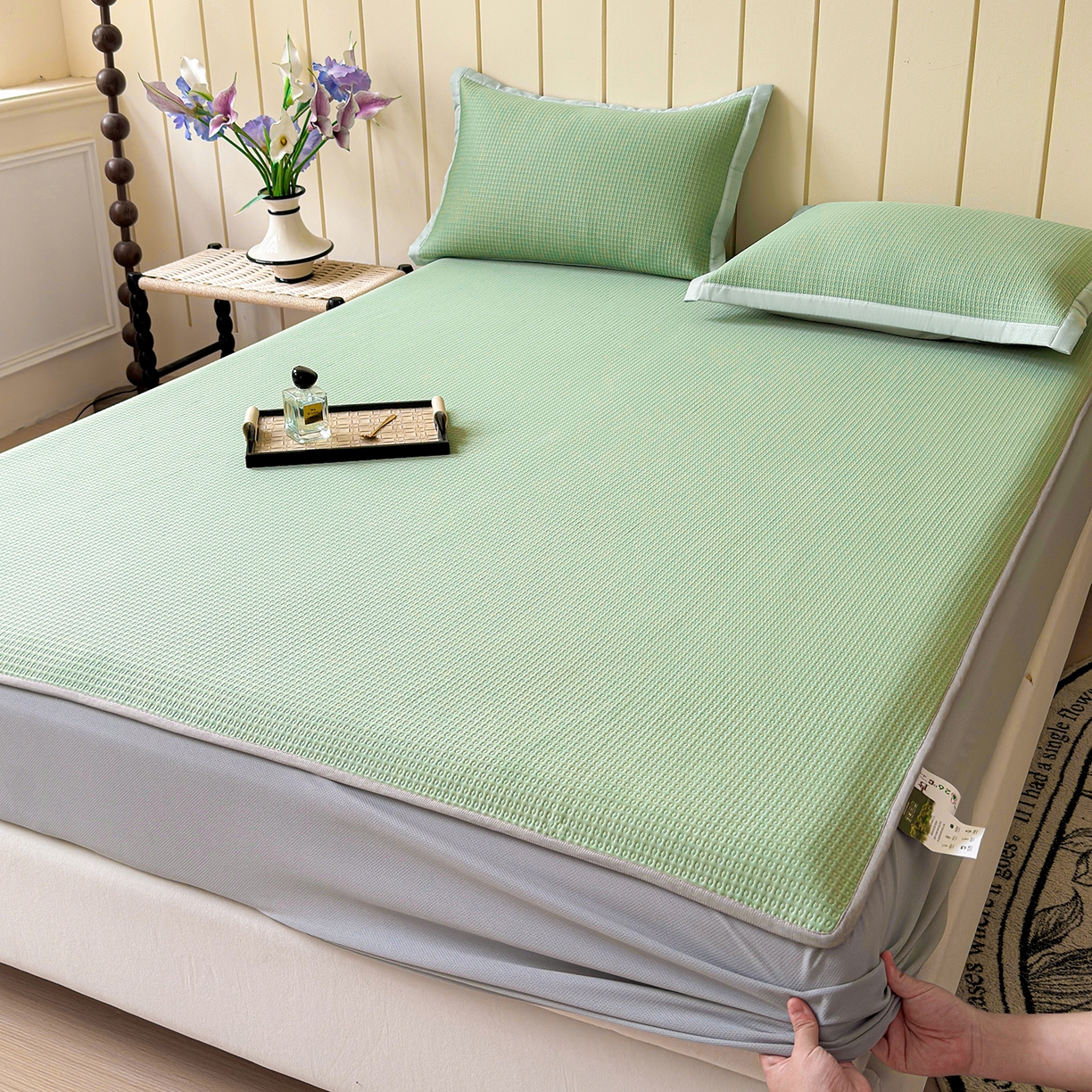 91家纺网 家纺一手货源 找家纺 瑞兴纺 2025新款复合加厚高克重凉感席床笠款 华夫格-绿