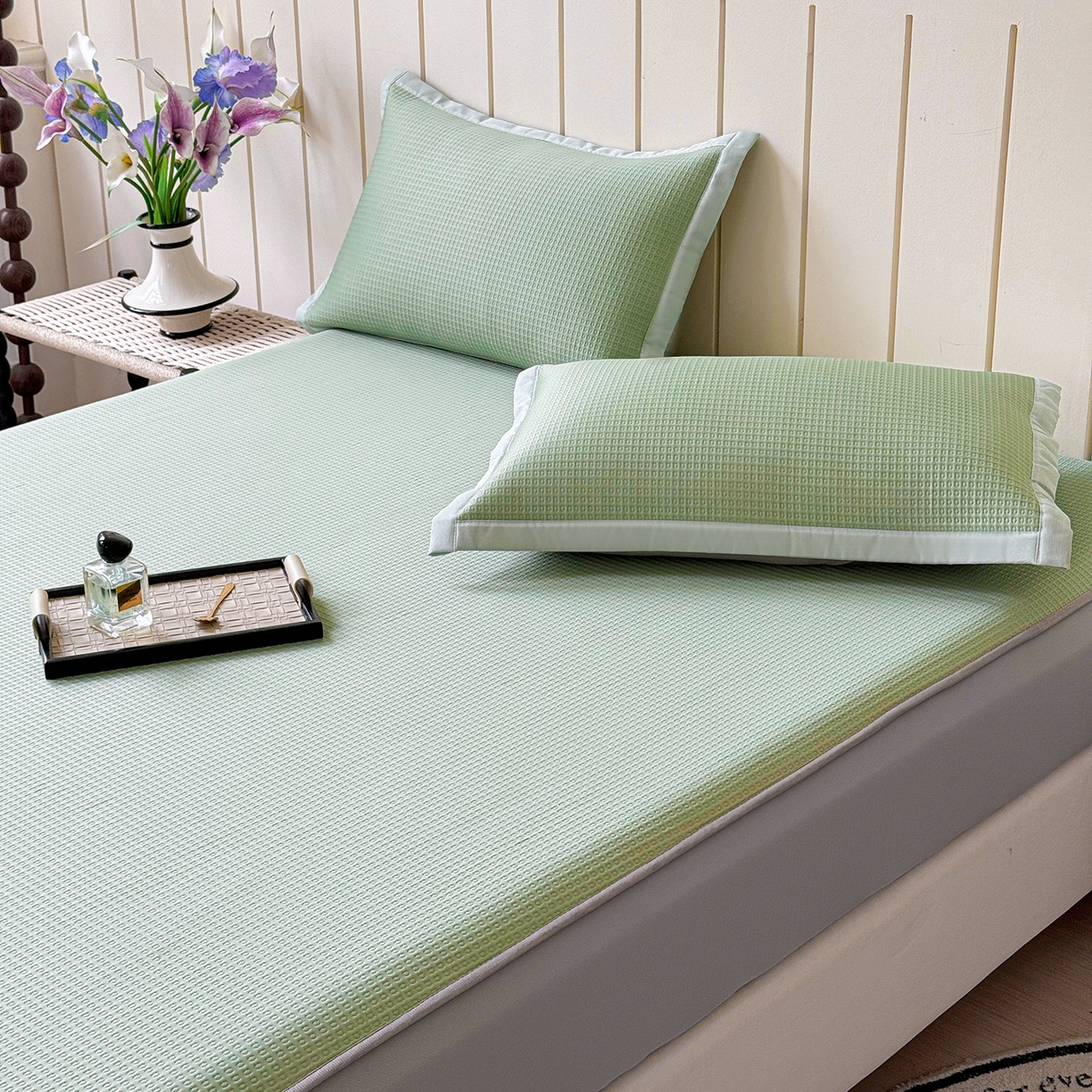 91家纺网 家纺一手货源 找家纺 瑞兴纺 2025新款复合加厚高克重凉感席床笠款 华夫格-绿