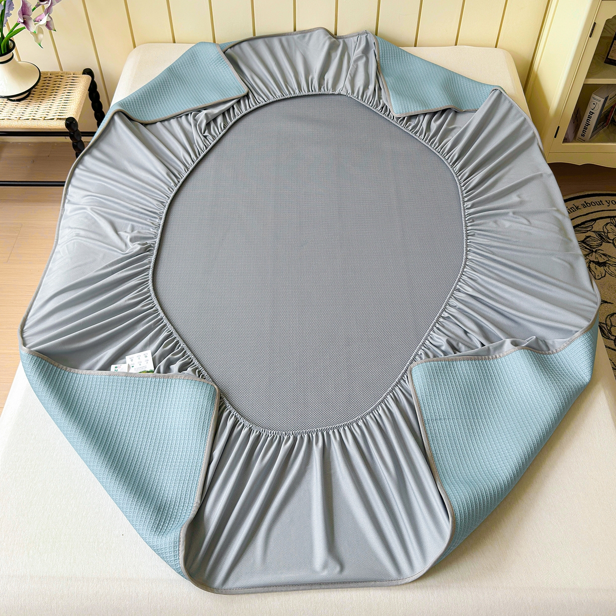 91家纺网 家纺一手货源 找家纺 瑞兴纺 2025新款复合加厚高克重凉感席床笠款 华夫格-蓝