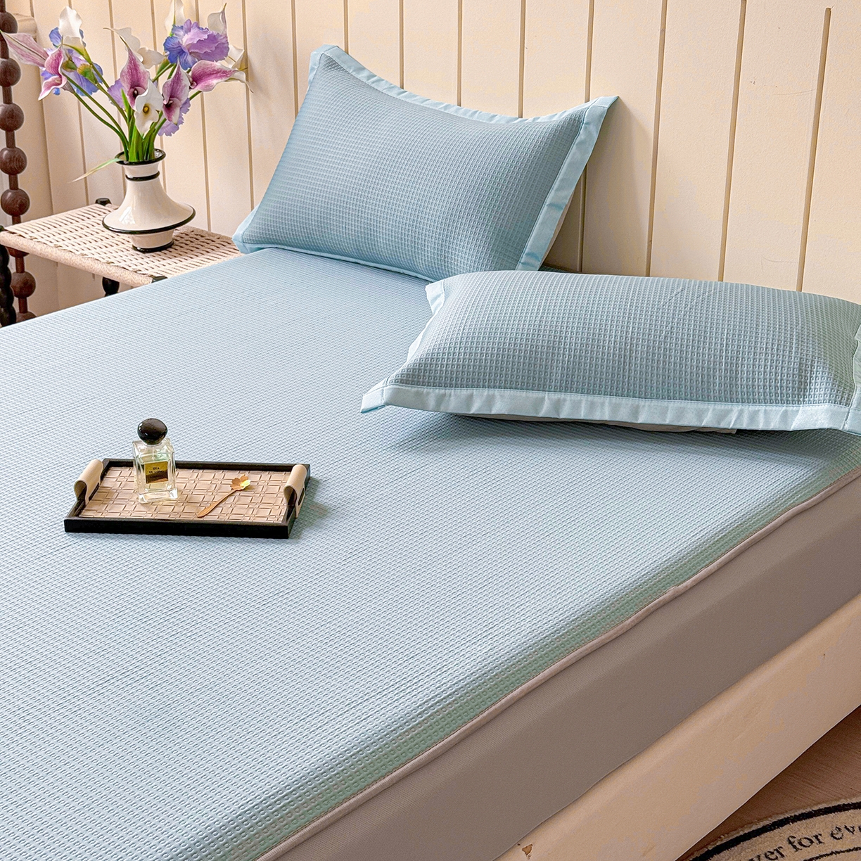 91家纺网 家纺一手货源 找家纺 瑞兴纺 2025新款复合加厚高克重凉感席床笠款 华夫格-蓝