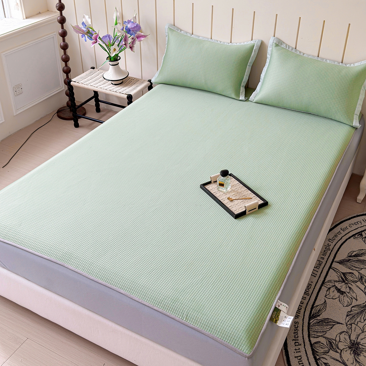 91家纺网 家纺一手货源 找家纺 瑞兴纺 2025新款复合加厚高克重凉感席床笠款 华夫格-绿