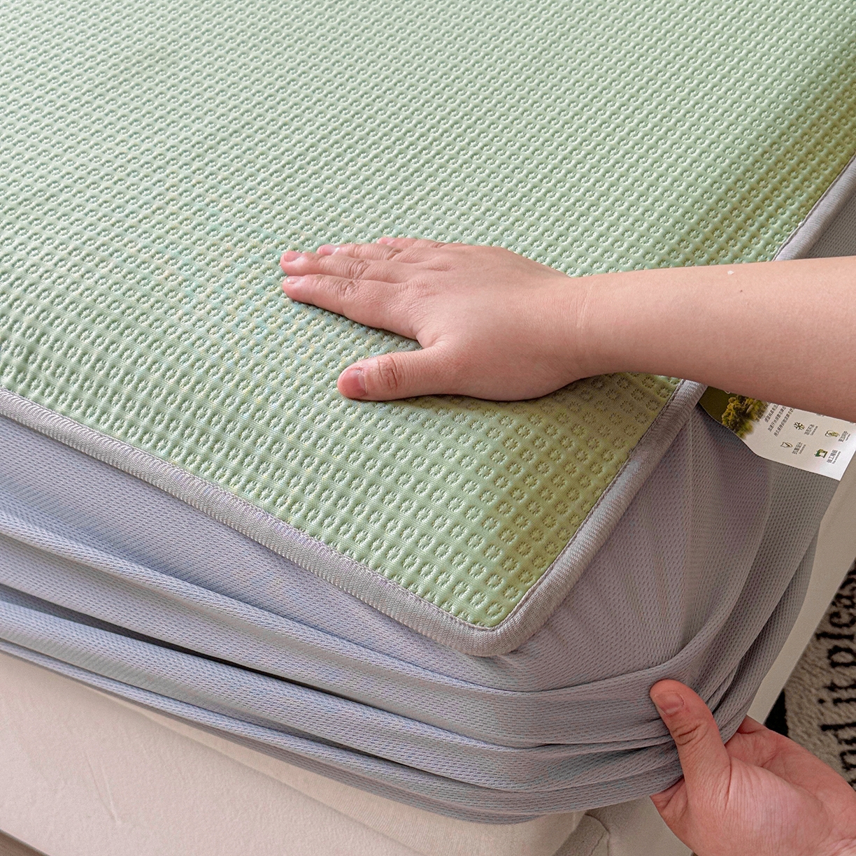 91家纺网 家纺一手货源 找家纺 瑞兴纺 2025新款复合加厚高克重凉感席床笠款 华夫格-绿