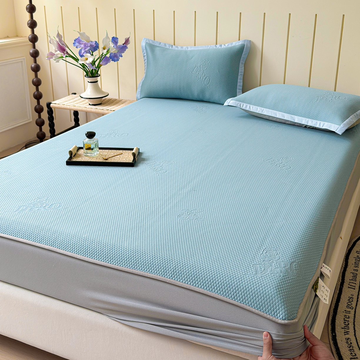 91家纺网 家纺一手货源 找家纺 瑞兴纺 2025新款复合加厚高克重凉感席床笠款 玫瑰之恋-蓝