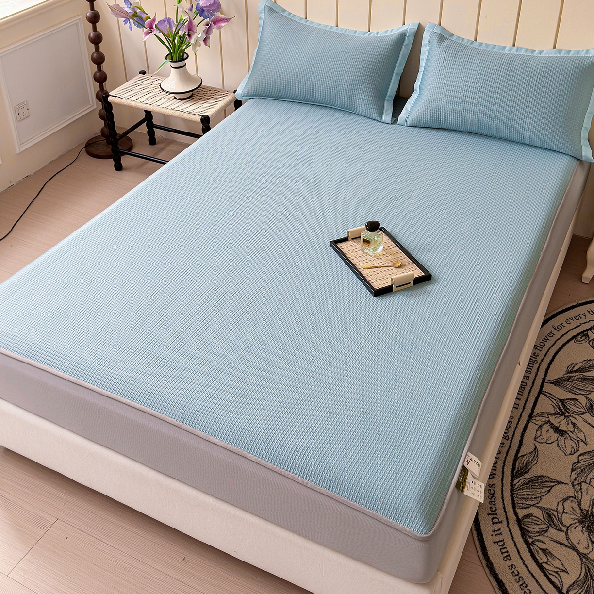 91家纺网 家纺一手货源 找家纺 瑞兴纺 2025新款复合加厚高克重凉感席床笠款 华夫格-蓝