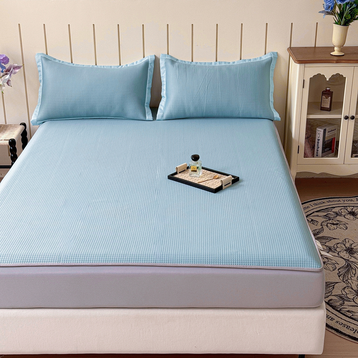 91家纺网 家纺一手货源 找家纺 瑞兴纺 2025新款复合加厚高克重凉感席床笠款 华夫格-蓝