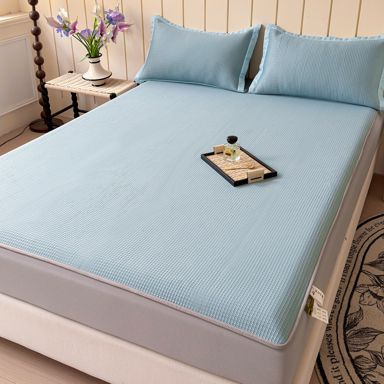 91家纺网 家纺一手货源 找家纺 瑞兴纺 2025新款复合加厚高克重凉感席床笠款 华夫格-蓝