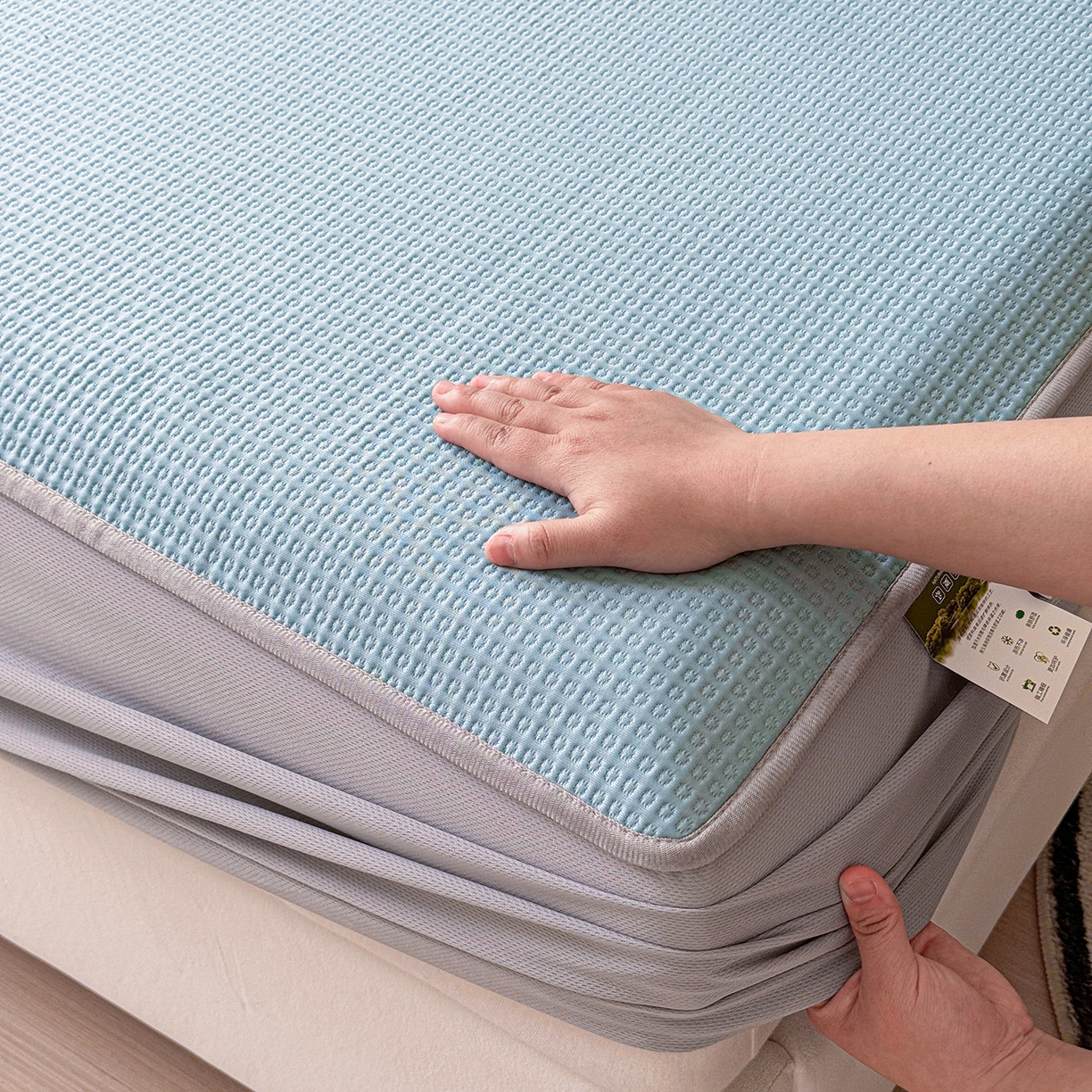 91家纺网 家纺一手货源 找家纺 瑞兴纺 2025新款复合加厚高克重凉感席床笠款 华夫格-蓝