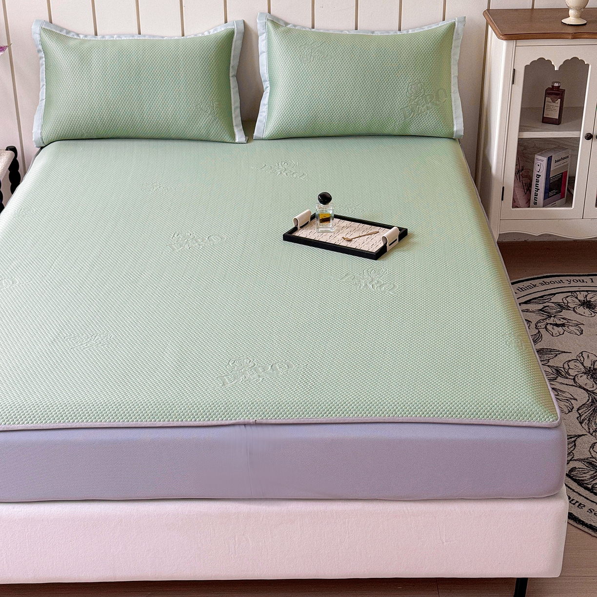 91家纺网 家纺一手货源 找家纺 瑞兴纺 2025新款复合加厚高克重凉感席床笠款 玫瑰之恋-绿