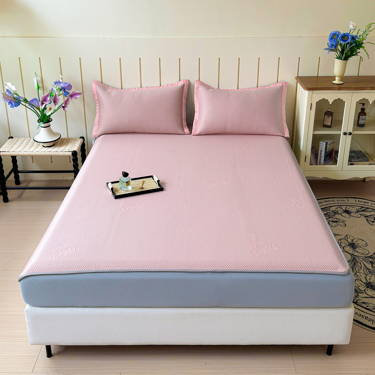 91家纺网 家纺一手货源 找家纺 瑞兴纺 2025新款复合加厚高克重凉感席床笠款 玫瑰之恋-粉