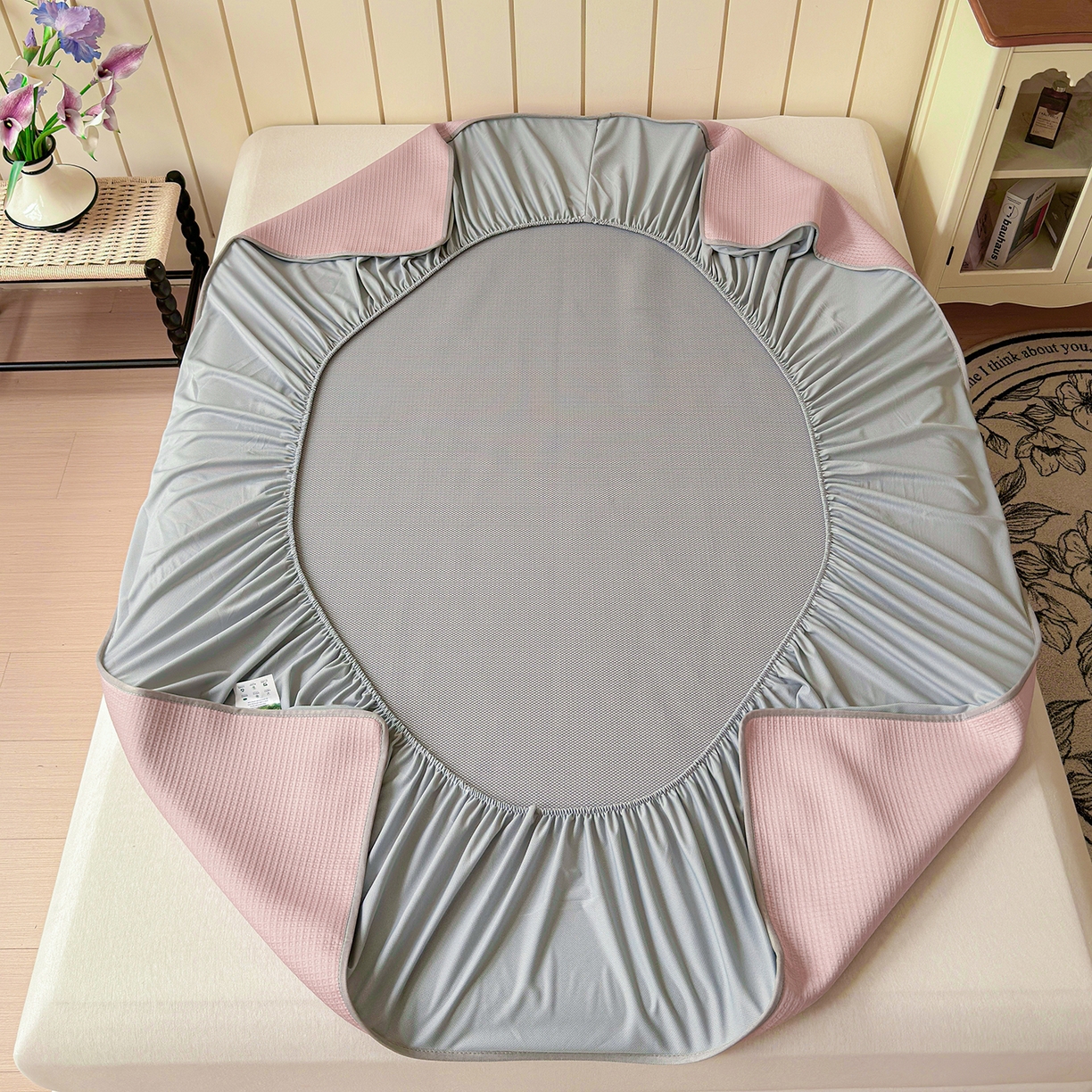 91家纺网 家纺一手货源 找家纺 瑞兴纺 2025新款复合加厚高克重凉感席床笠款 华夫格-粉