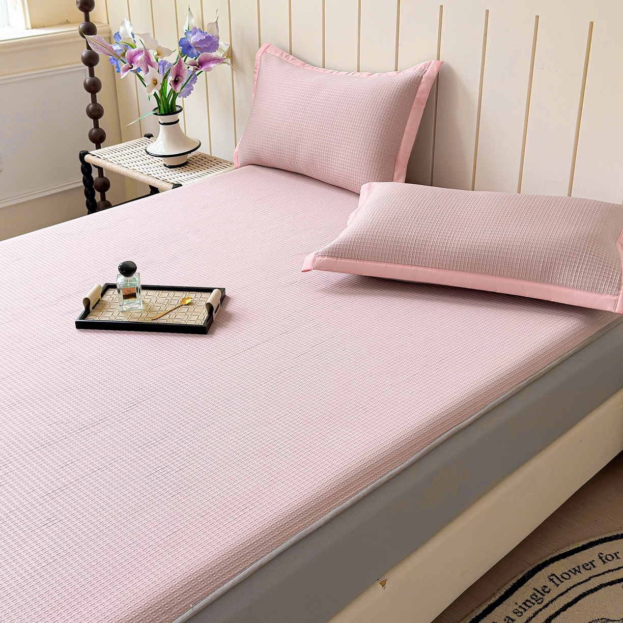 91家纺网 家纺一手货源 找家纺 瑞兴纺 2025新款复合加厚高克重凉感席床笠款 华夫格-粉