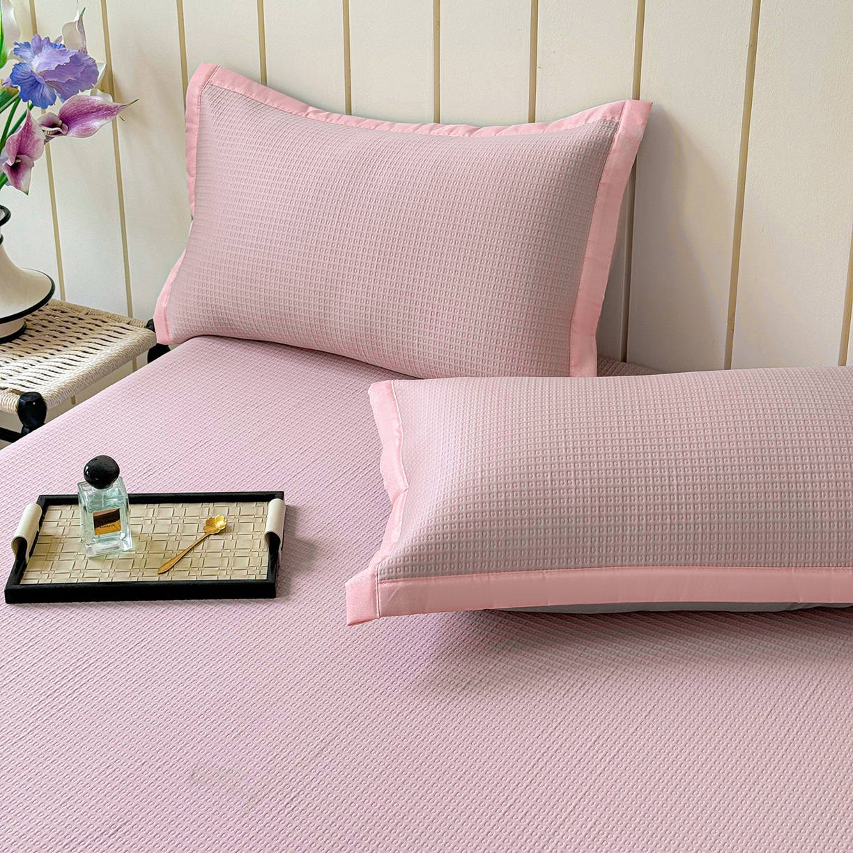 91家纺网 家纺一手货源 找家纺 瑞兴纺 2025新款复合加厚高克重凉感席床笠款 华夫格-粉