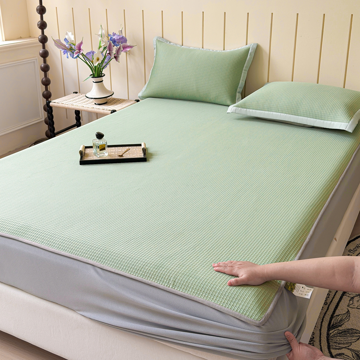 91家纺网 家纺一手货源 找家纺 瑞兴纺 2025新款复合加厚高克重凉感席床笠款 华夫格-绿