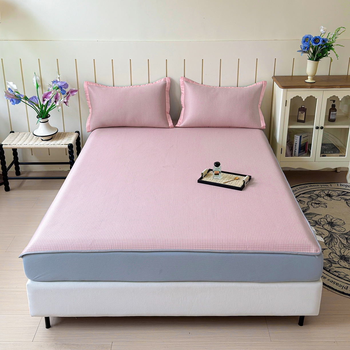 91家纺网 家纺一手货源 找家纺 瑞兴纺 2025新款复合加厚高克重凉感席床笠款 华夫格-粉