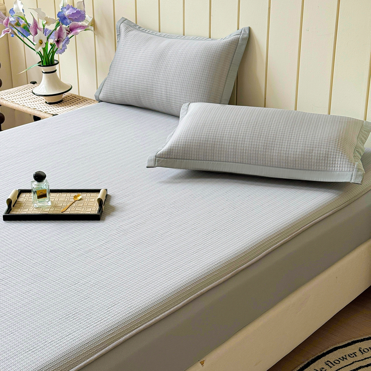 91家纺网 家纺一手货源 找家纺 瑞兴纺 2025新款复合加厚高克重凉感席床笠款 华夫格-灰