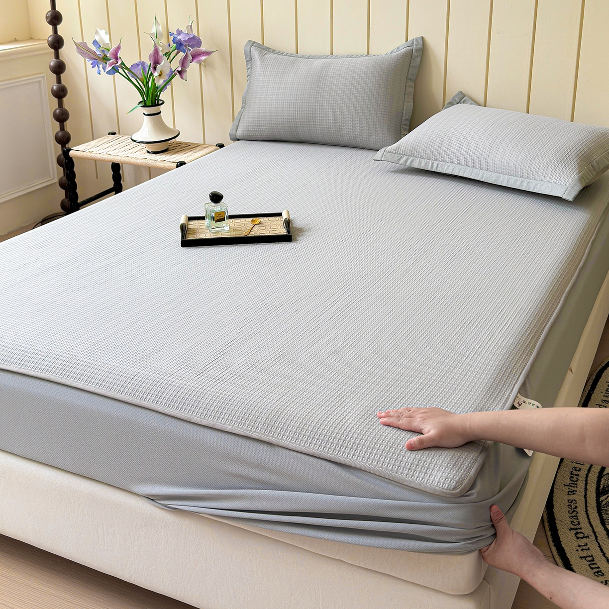 91家纺网 家纺一手货源 找家纺 瑞兴纺 2025新款复合加厚高克重凉感席床笠款 华夫格-灰