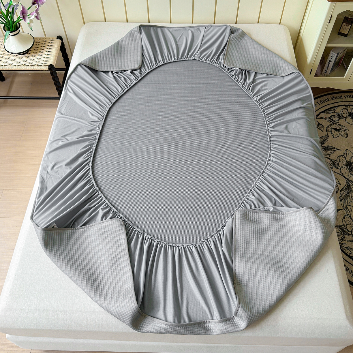 91家纺网 家纺一手货源 找家纺 瑞兴纺 2025新款复合加厚高克重凉感席床笠款 华夫格-灰