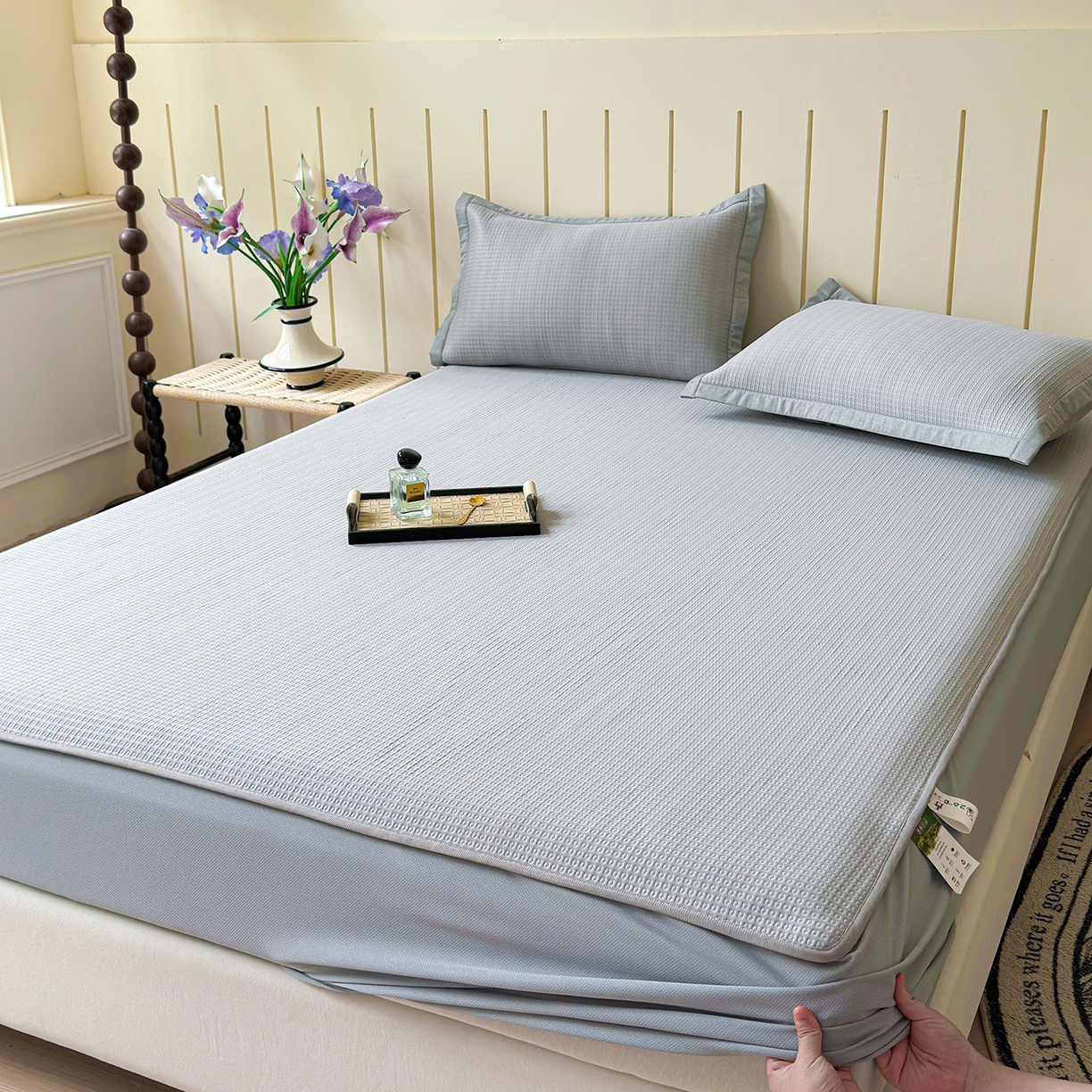 91家纺网 家纺一手货源 找家纺 瑞兴纺 2025新款复合加厚高克重凉感席床笠款 华夫格-灰