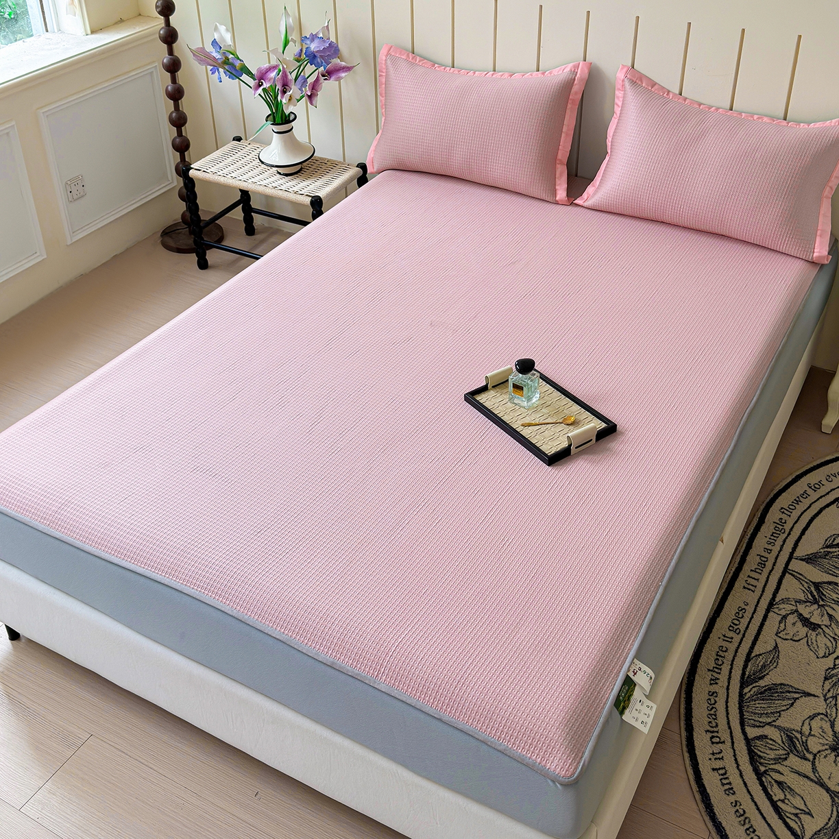 91家纺网 家纺一手货源 找家纺 瑞兴纺 2025新款复合加厚高克重凉感席床笠款 华夫格-粉