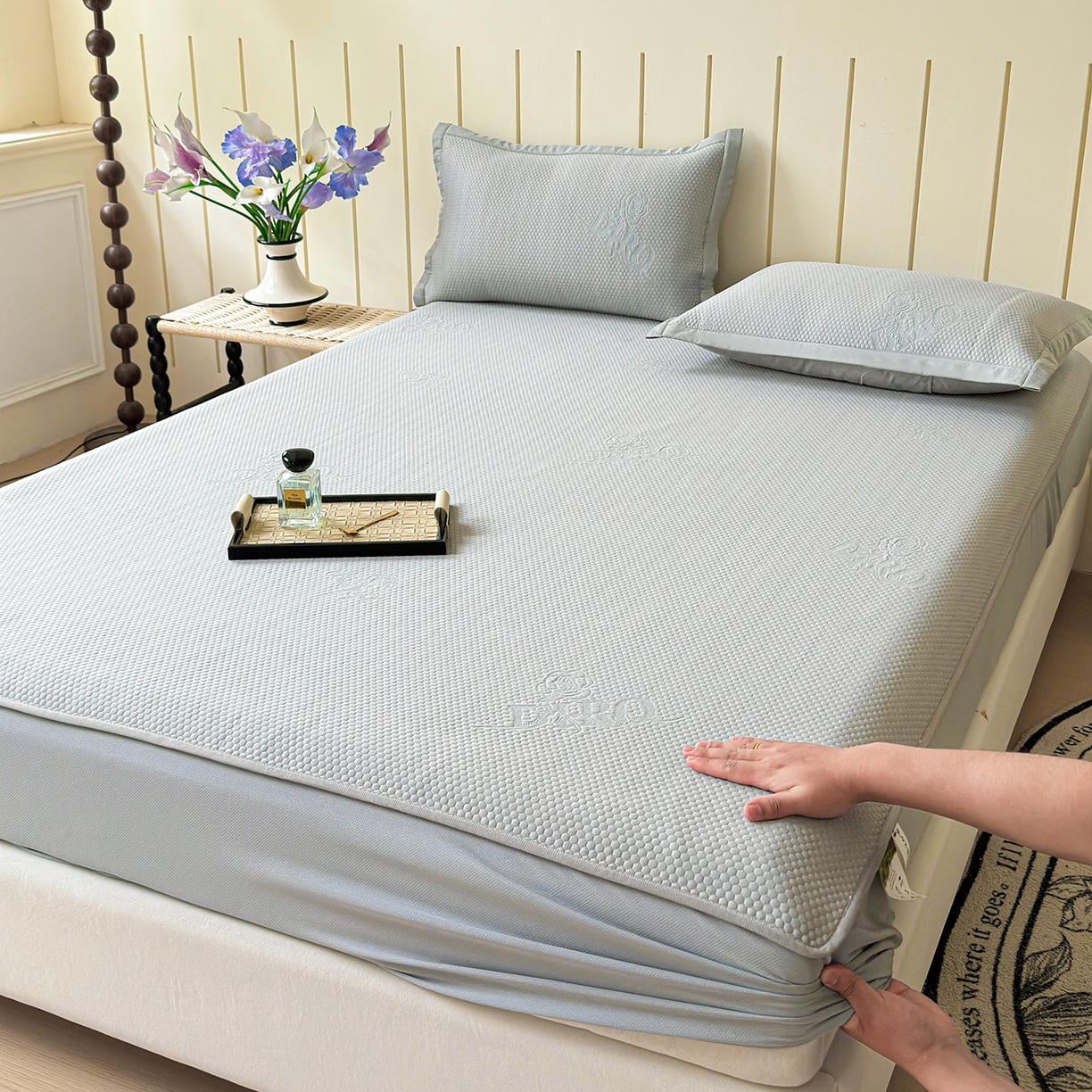 91家纺网 家纺一手货源 找家纺 瑞兴纺 2025新款复合加厚高克重凉感席床笠款 玫瑰之恋-灰