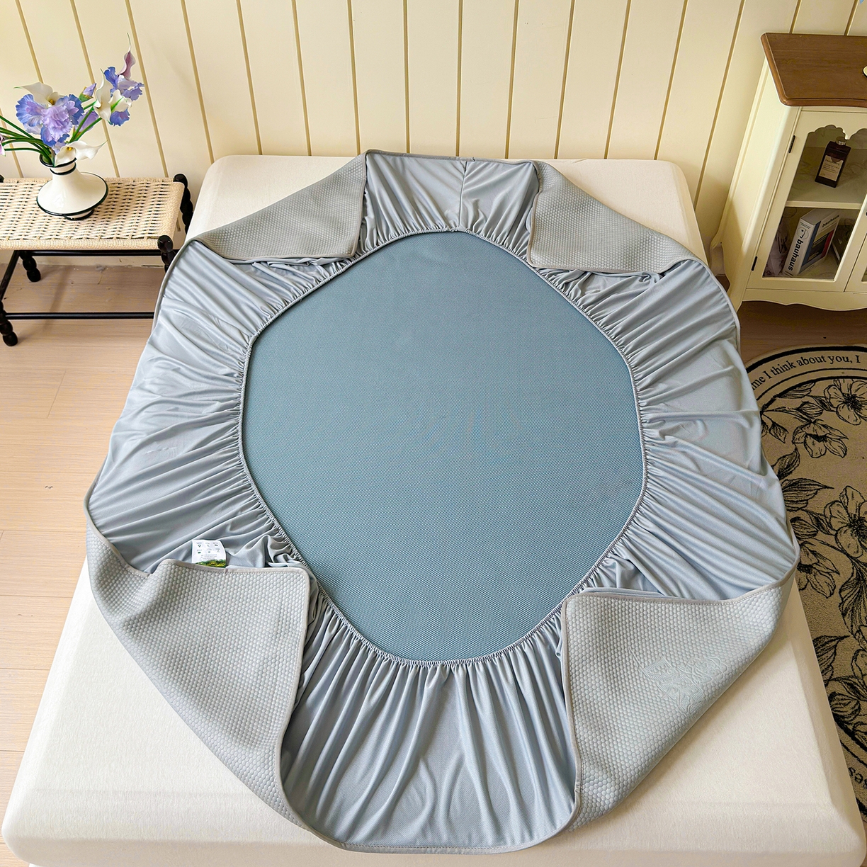 91家纺网 家纺一手货源 找家纺 瑞兴纺 2025新款复合加厚高克重凉感席床笠款 玫瑰之恋-灰