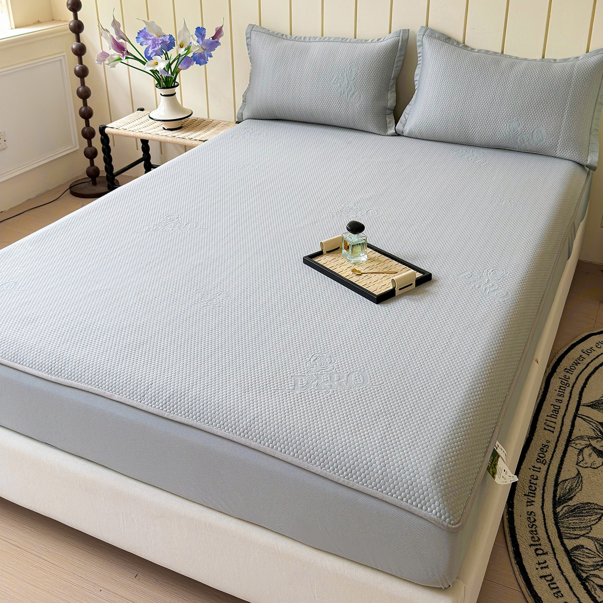 91家纺网 家纺一手货源 找家纺 瑞兴纺 2025新款复合加厚高克重凉感席床笠款 玫瑰之恋-灰