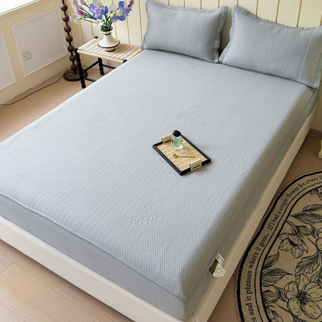 91家纺网 家纺一手货源 找家纺 瑞兴纺 2025新款复合加厚高克重凉感席床笠款 玫瑰之恋-灰