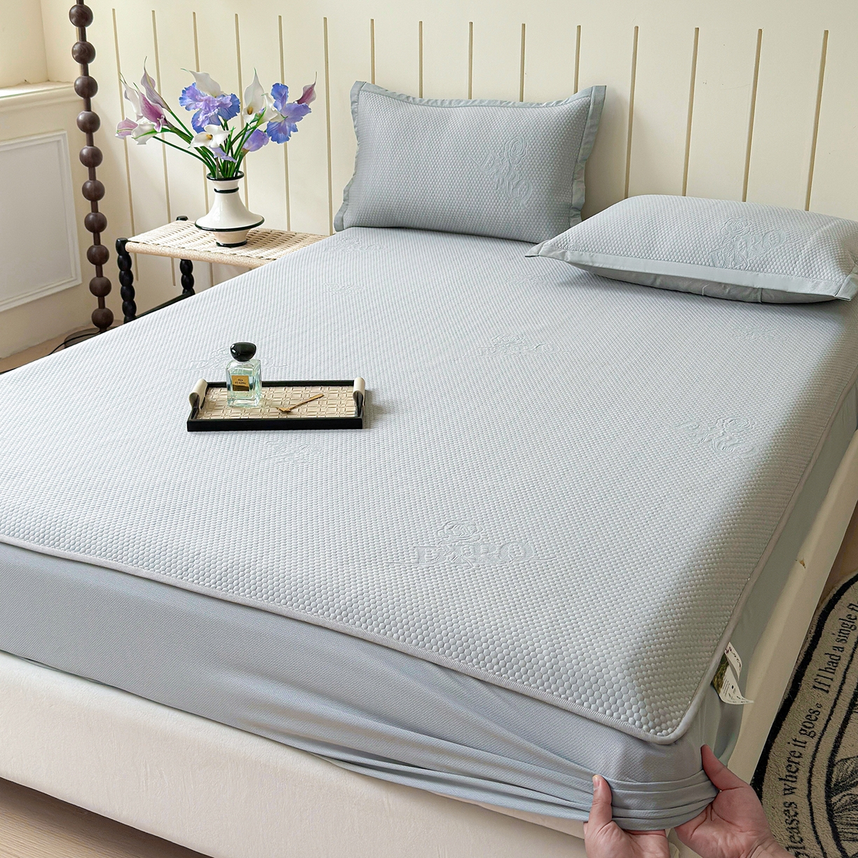 91家纺网 家纺一手货源 找家纺 瑞兴纺 2025新款复合加厚高克重凉感席床笠款 玫瑰之恋-灰