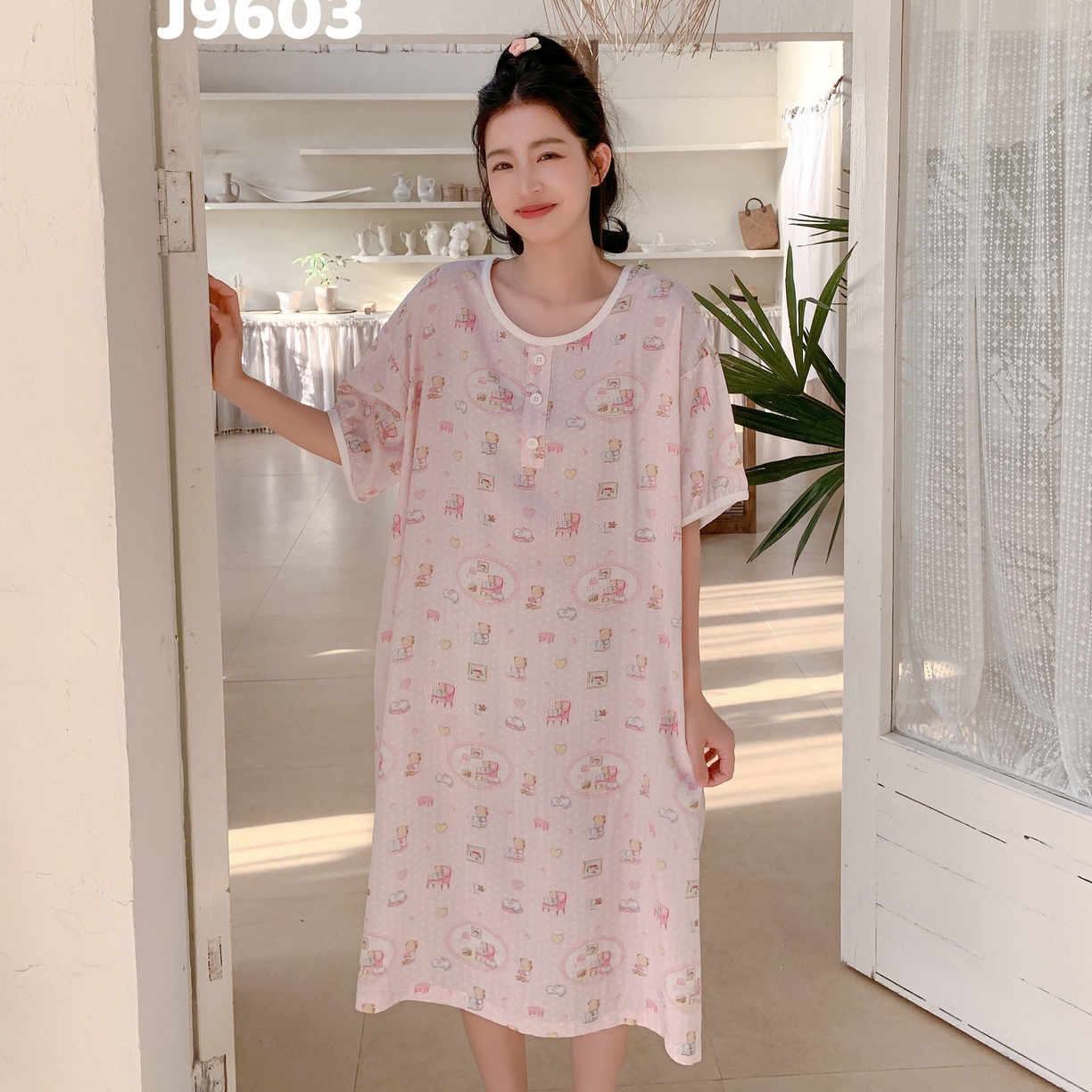 91家纺网 家纺一手货源 找家纺 妍景家居生活馆 2025新款仲夏午后懒人睡裙 粉点小熊
